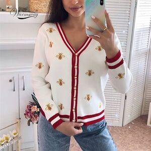 White Bee Embroidered Cardigan with Red Trim